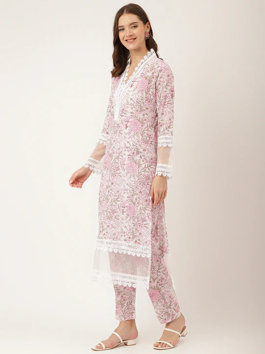 White Hand Block Floral Print Cotton Kurta with Trousers and Dupatta