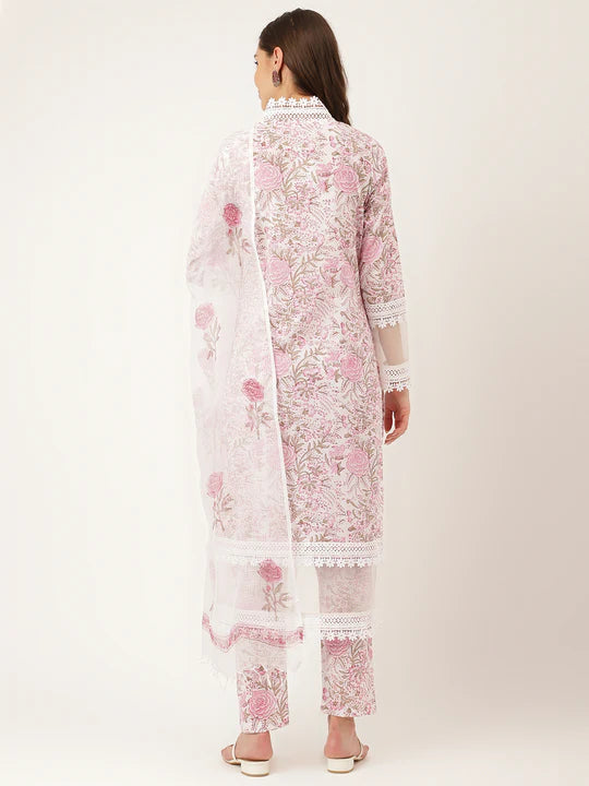 White Hand Block Floral Print Cotton Kurta with Trousers and Dupatta