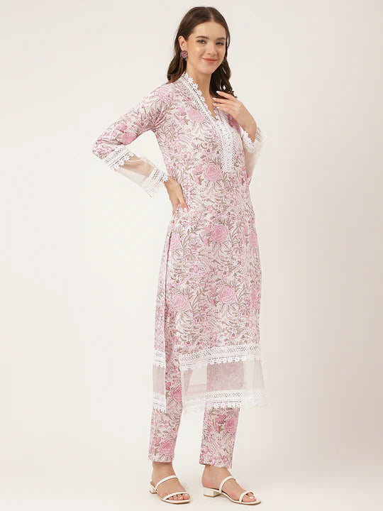 White Hand Block Floral Print Cotton Kurta with Trousers and Dupatta