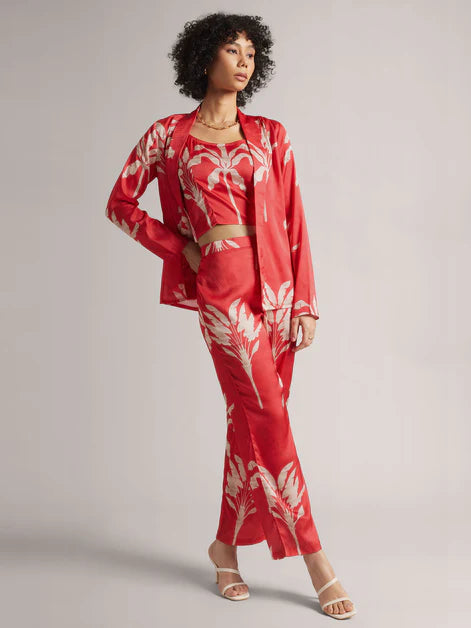 Printed Red Satin Co-ord Set