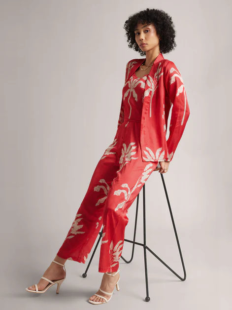 Printed Red Satin Co-ord Set