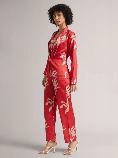 Printed Red Satin Co-ord Set