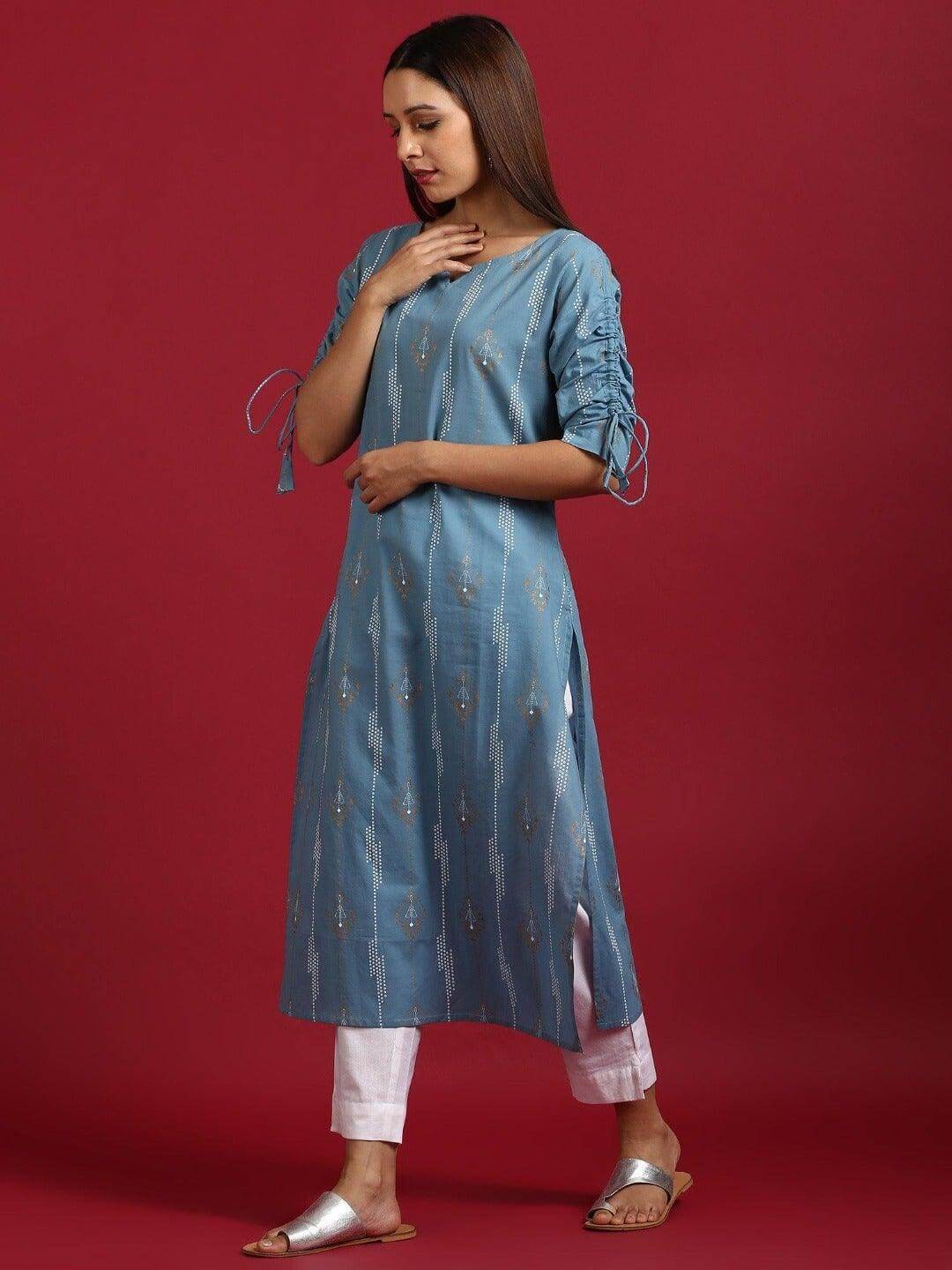 Turquoise Blue Cotton Straight Kurta