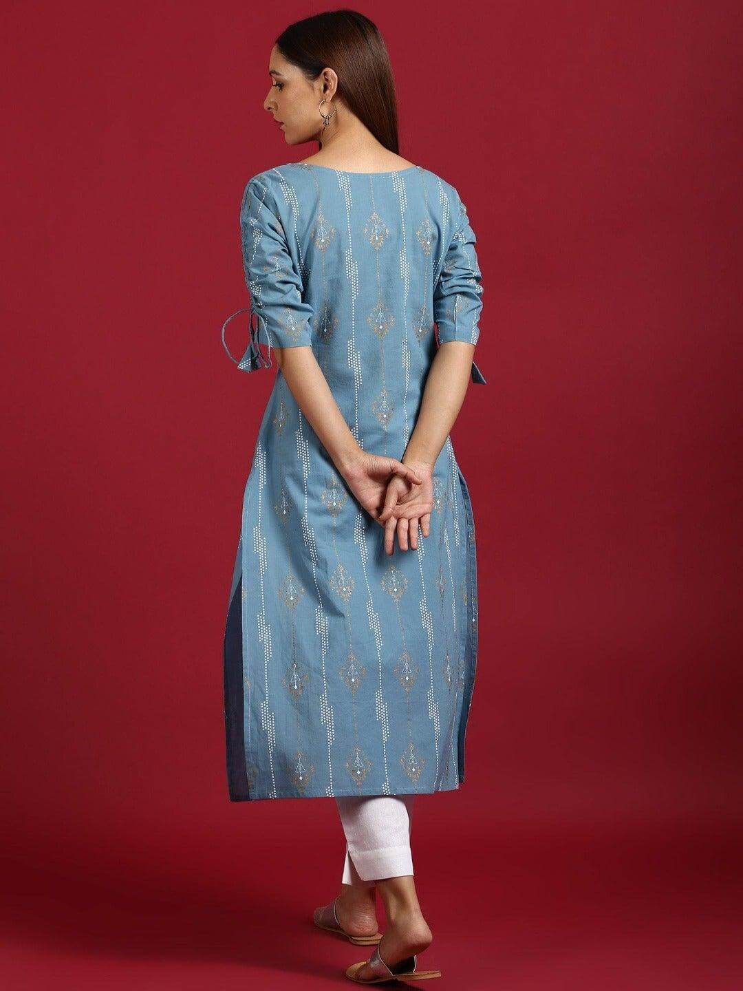 Turquoise Blue Cotton Straight Kurta