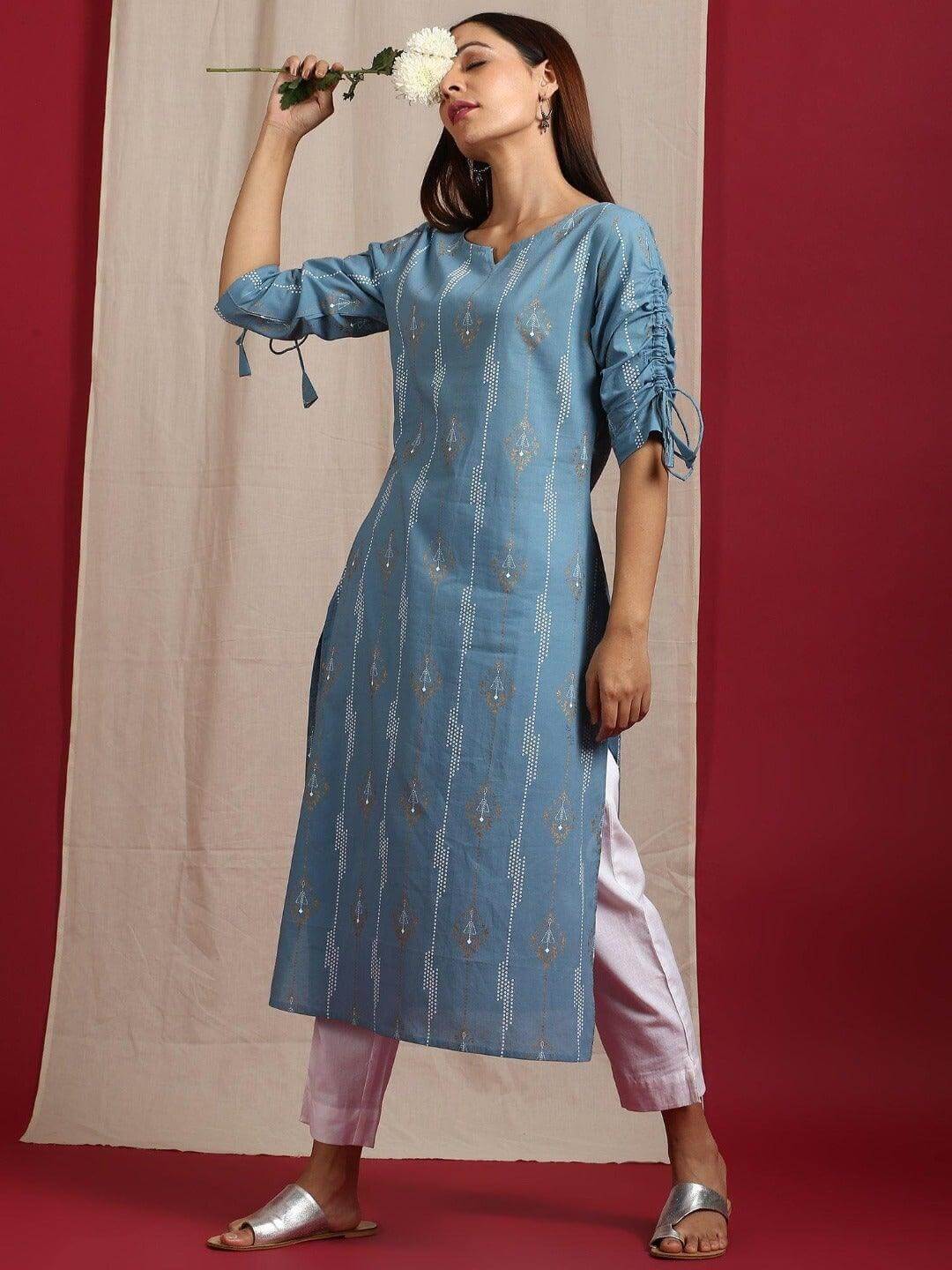 Turquoise Blue Cotton Straight Kurta