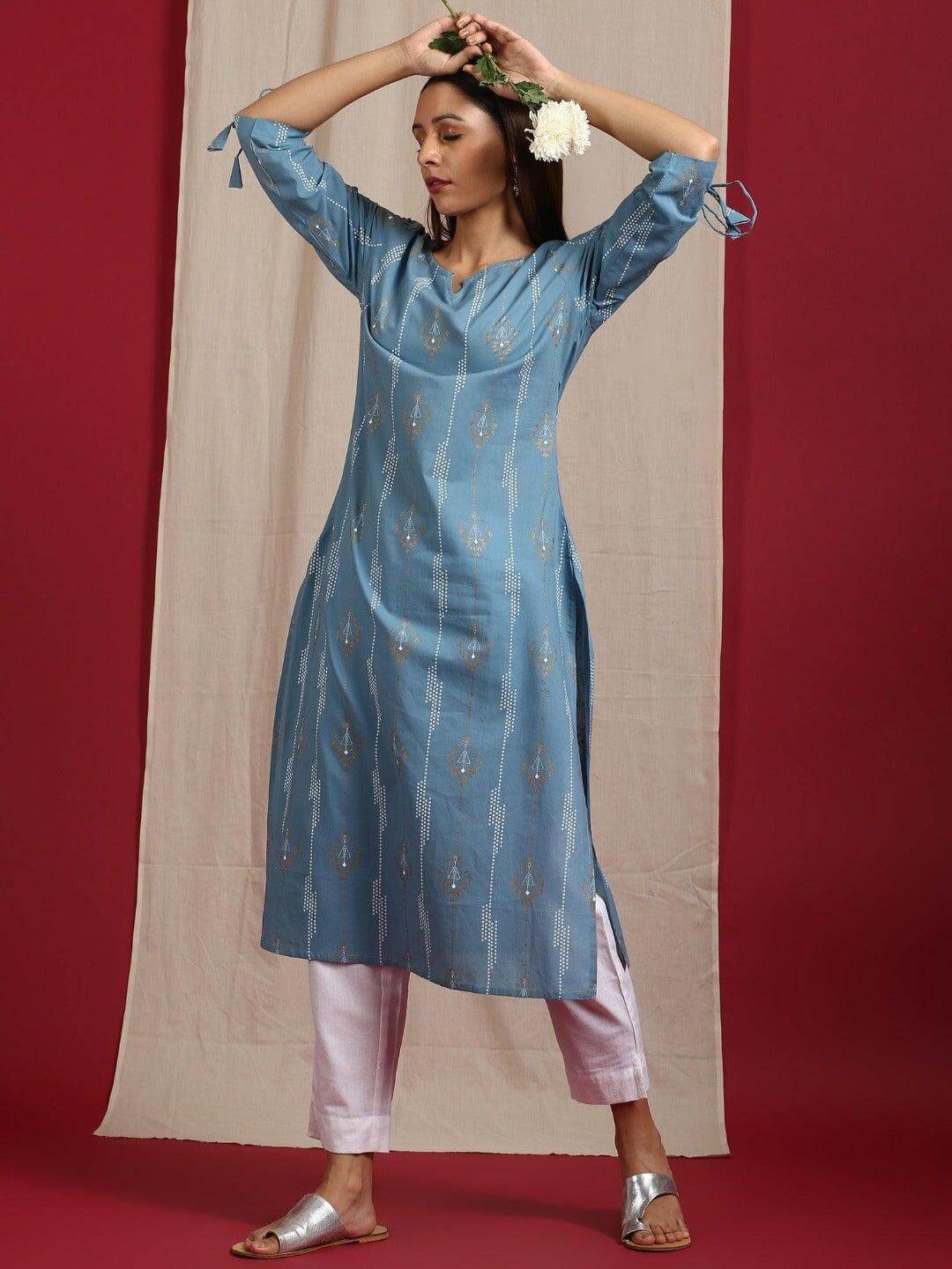 Turquoise Blue Cotton Straight Kurta